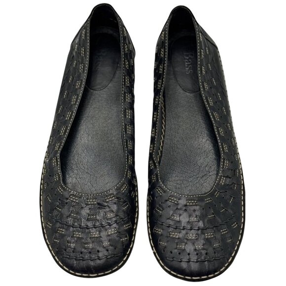 Bass Size 10 Black Leather Slip-On Flats Woven Detail Rubber Sole Comfortable - Picture 1 of 11